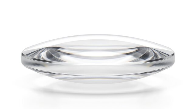 A close-up studio shot of a clear optical glass lens shaped for vision correction isolated on a white background for medical or scientific display