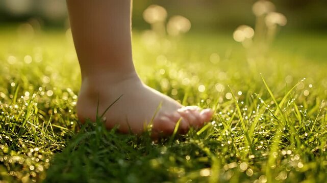 Bare feet walking through dewy green grass at golden morning light