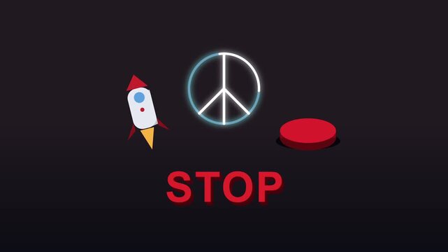 Looping 3d animation nuclear red button atomic rocket STOP pacifism sign block launch