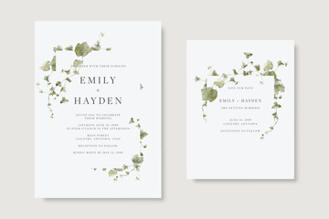 Naklejka premium Greenery wedding invitation and save the date template card set with watercolor ivy leaves on an off-white background