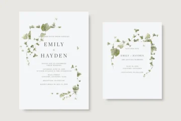 Greenery wedding invitation and save the date template card set with watercolor ivy leaves on an off-white background © momosama