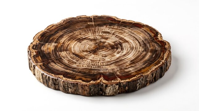 A Round Petrified Wood Slab Serving Board Isolated on White Background Representing Ancient Fossilized Organic Tree Rings for Interior Decorating