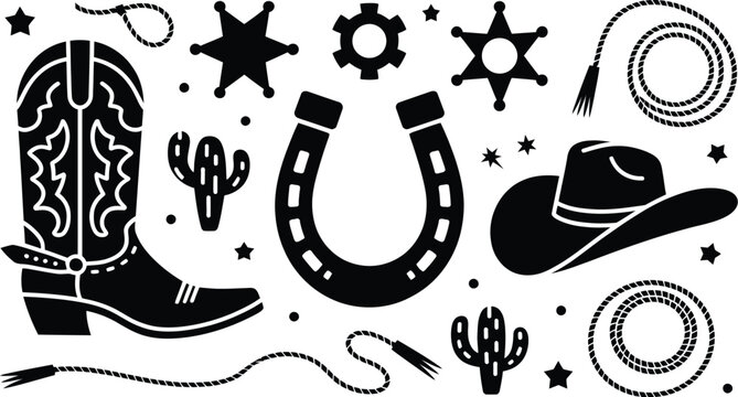 Western cowboy elements, classic rodeo gear, rope, saddle, horse, hat and rustic adventure symbols for American frontier themed vector illustration design concept.