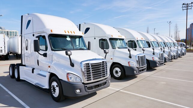 Fleet of identical white transport vehicles parked in a lot under a bright blue sky.