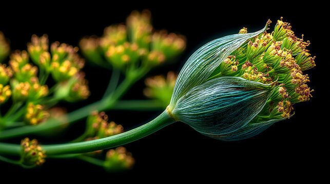 Macro shot of green fennel flower bud against black background with green plant