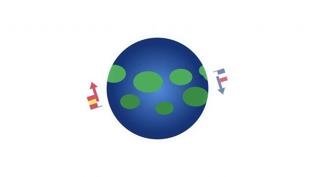 Looping 3D animation realistic Earth rotates, US China flag arrows chase, symbolizing global geopolitical conflict and competition