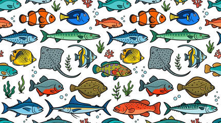 Naklejka premium colorful tropical fish and marine life swimming underwater seamless pattern