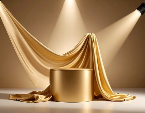 High end golden pedestal podium stage with draped gold satin fabric and dramatic spotlight effect for luxury brand presentation