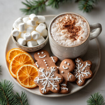 Hot chocolate mug with marshmallows gingerbread cookies and orange slices on a festive plate