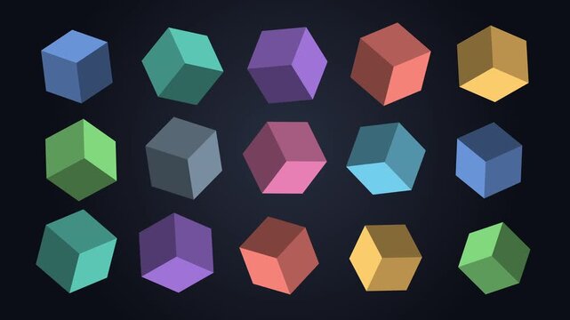 Looping 3d animation of multicolored cubes changing size and rotating randomly, abstract motion graphic