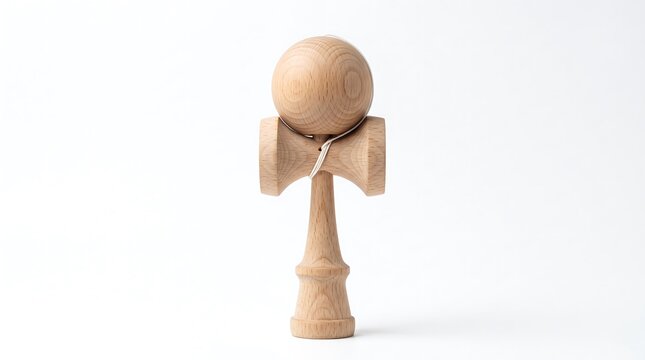A traditional wooden kendama skill toy crafted from natural grain wood isolated on a clean white studio background for active play and dexterity practice