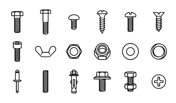 Mechanical screws nuts bolts and fasteners thin line vector icon collection