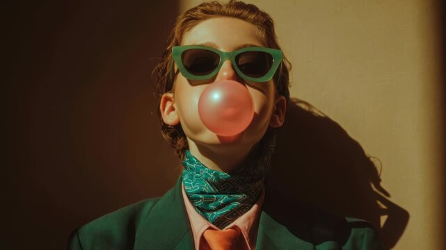 Low-angle portrait of stylish woman with bubblegum, retro editorial video mood.