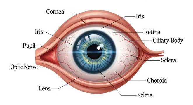 Detailed anatomical illustration of the human eye structure.