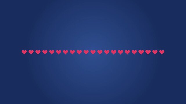 Animated line of pulsing red hearts on a dark blue gradient background, motion graphic loop celebrating love and happiness