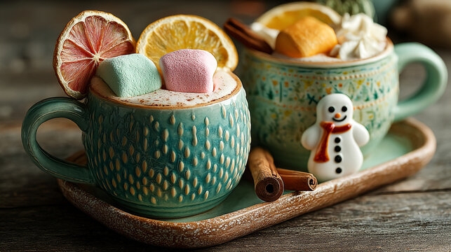 Hot chocolate mugs with colorful marshmallows citrus slices and gingerbread man on wooden tray