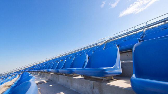 Empty blue stadium seats under clear sky with copy space