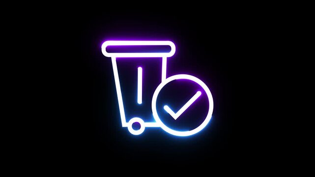 Neon trash bin with checkmark symbol glowing on black background for waste disposal icons.