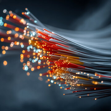 Fiber optic cables glowing with colorful light rays in a high speed data transmission network