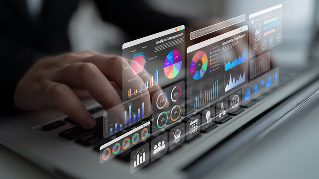 Multiple analytics dashboards with charts and graphs representing marketing data, SEO insights, and performance management Parse