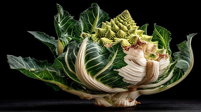 Fresh romanesco broccoli with intricate fractal patterns and dark green leaves isolated on black