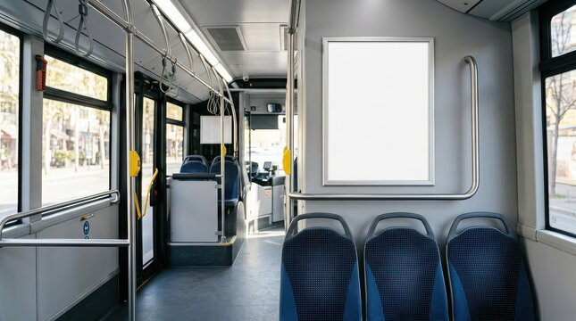 Advertising poster frame hangs on the interior wall of a public bus near passenger seats.