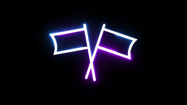 Neon racing flags glowing with blue and purple light on black background in motion video.