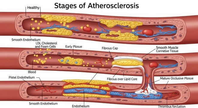 Detailed Illustration of Atherosclerosis Progression in Arteries.