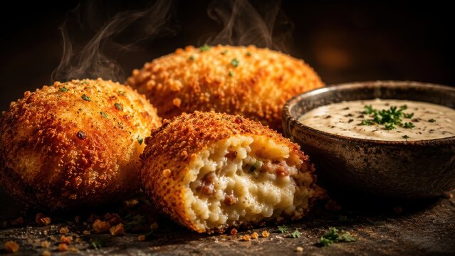 A close-up of crispy fried croquettes with a warm, creamy, and savory filling, served with a side of dipping sauce on a dark textured surface