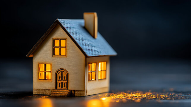 Miniature model house with warm glowing lights in on a dark background miniature home toy house