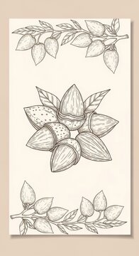 Detailed Line Drawing of Almonds and Leaves on Beige Background.