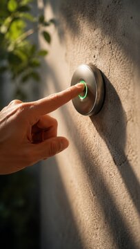 A close-up view of a human finger pressing a circular metallic doorbell button with a glowing green light ring on a textured concrete wall surface