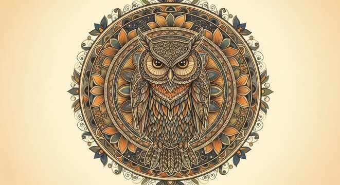 Detailed Owl Illustration with Ornate Floral Border Design.