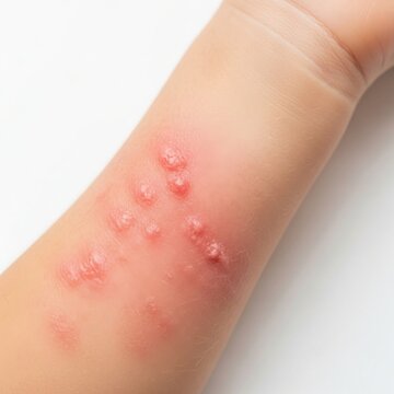 Close up view of a skin rash with small red bumps and blisters on a human arm showing signs of irritation or allergic reaction