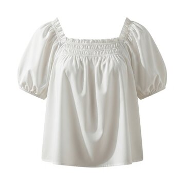 A stylish white summer blouse featuring puff sleeves and a smocked bodice isolated on a clean white background for fashion photography
