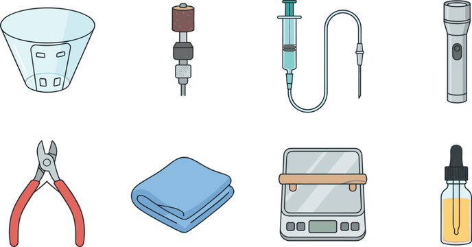Veterinary Care and Small Animal Medical Equipment Flat Vector Icon Set Featuring Elizabethan Collar Nail Clippers Digital Scale Syringe and Dropper Bottle