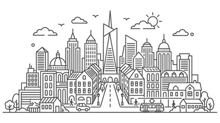 Obraz premium city skyline vector illustration line art of urban landscape with modern buildings street people and a tram.