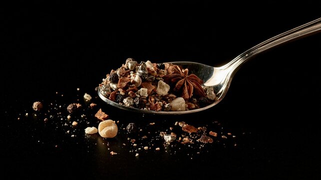 Culinary mixture of spices and nuts fills a polished metal spoon.