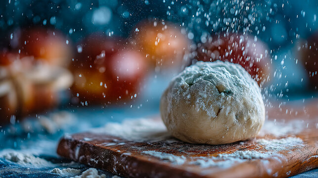 Single dough ball on a rustic wooden board dusted with falling flour baking prep raw pastry