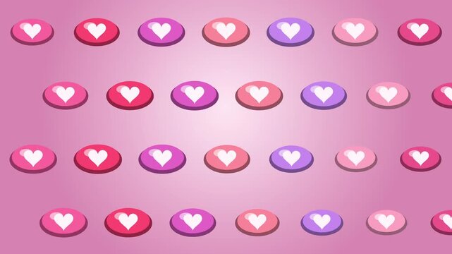 Vertical animation of multicolored heart discs, love symbol background, pink gradient