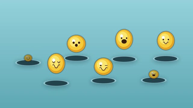 Vertical looping animation funny yellow emoji spheres bouncing from holes, playful and expressive faces, motion graphic