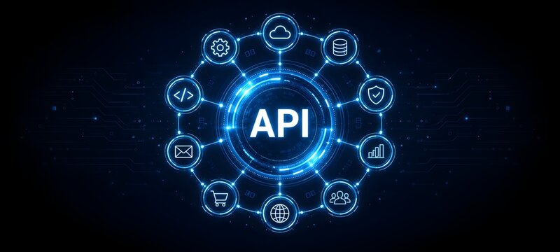 API application programming interface central hub concept with glowing connected digital icons representing cloud data security and development services