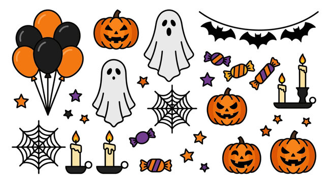 Hand Drawn Halloween Decorative Elements Set Featuring Ghosts Pumpkins Bats And Festive Sweets For Holiday Party Design Projects