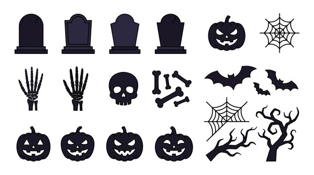 Spooky Halloween Icon Set Featuring Jack O Lanterns Skulls Bats and Tombstone Silhouettes for Festive Party Decoration and Graphic Design Projects
