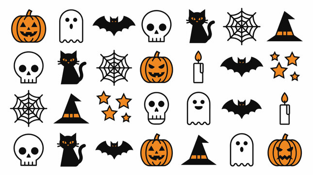 Halloween Celebration Elements Featuring Festive Orange and Black Graphic Icons Set for Holiday Party Decoration Projects