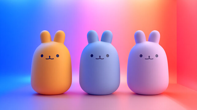 Three colorful cute rabbit night lights glowing against a gradient background with night light