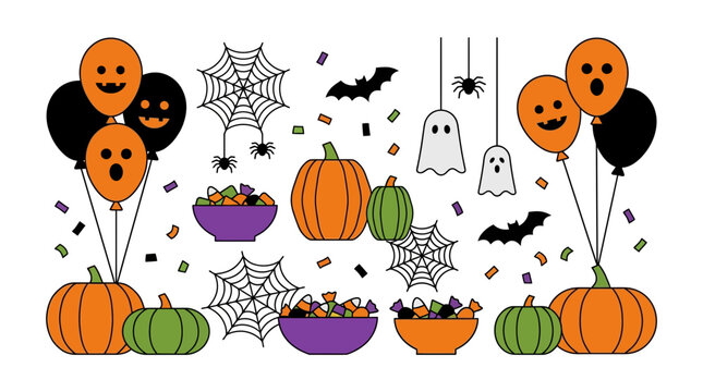 Festive Halloween Celebration Collection Featuring Jack O Lanterns Balloons And Spooky Decorative Elements For Holiday Party Graphics