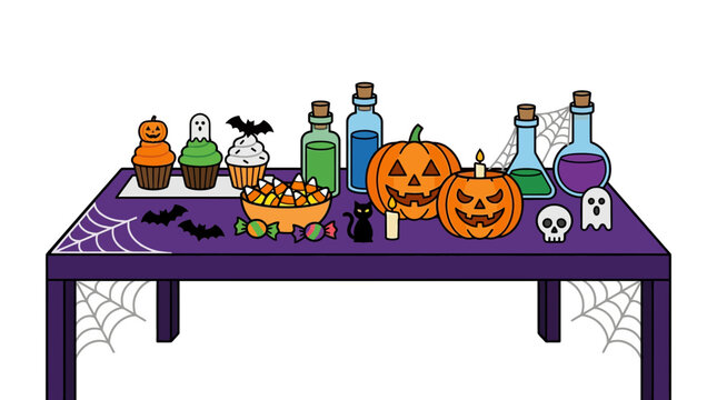 Festive Halloween Table Display Featuring Jack O Lantern Pumpkins Potion Bottles Cupcakes and Spooky Decorations for Holiday Celebration