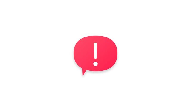 Red speech bubble with white exclamation mark notification icon isolated on white background