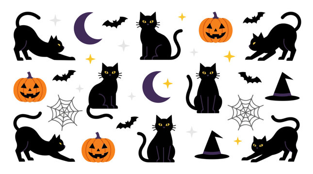 Cute Halloween Elements Collection Featuring Black Cats Pumpkins Moons and Witches Hats